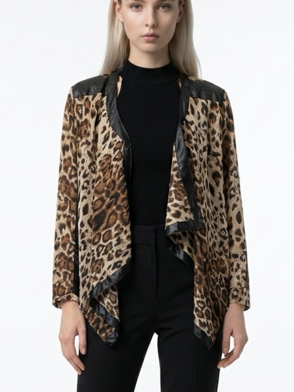 SSOULM Women's Leopard Print Open Front Blazer Jacket Size L top blouse